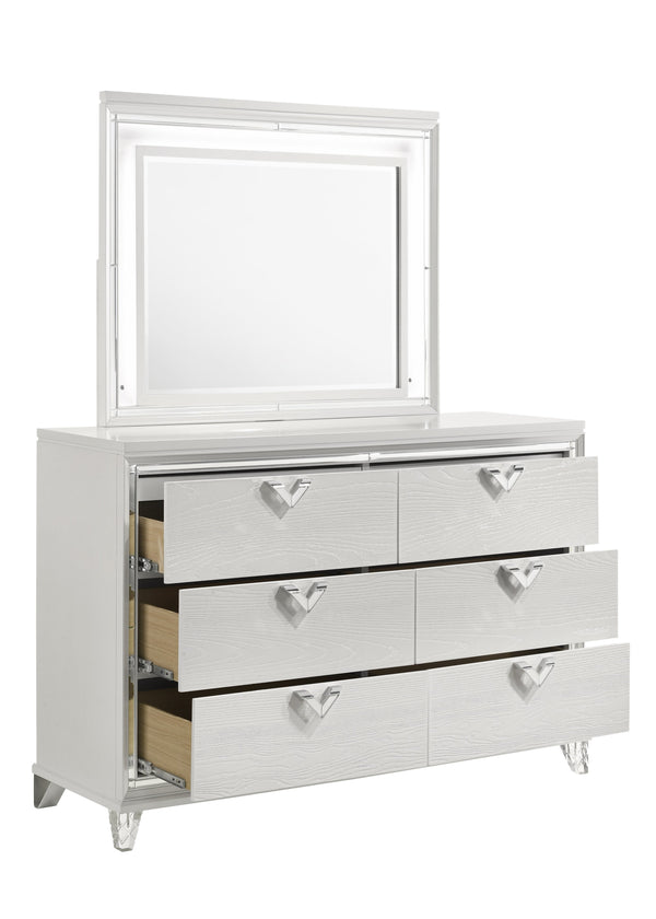 English Elm Modern 6-Drawer Dresser with Mirror Accent, V-Shape Handles, White Finish — Sleek Storage & Style B009133858