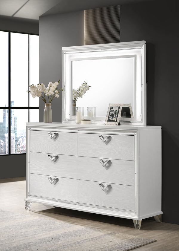 English Elm Modern 6-Drawer Dresser with Mirror Accent, V-Shape Handles, White Finish — Sleek Storage & Style B009133858