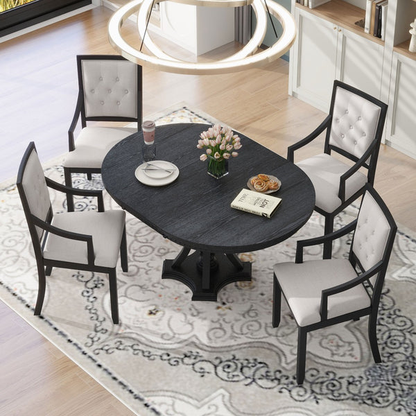 English Elm Trexm Retro Farmhouse Extendable Round Dining Set Oak Veneer Table with 4 Chairs ST000147AAB