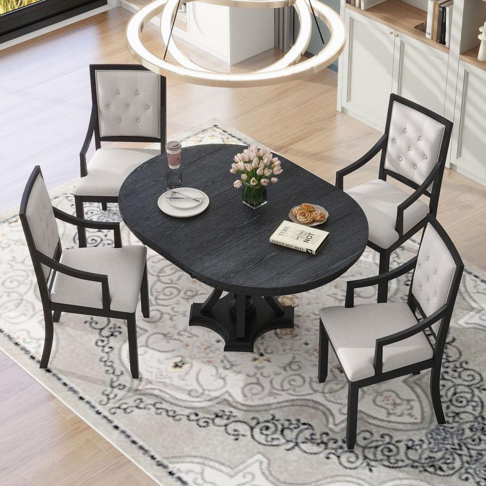 English Elm Trexm Vintage Farmhouse Extendable Round Dining Set with Corbel Base and 4 Cushioned Chairs Black,Oak ST000147AAB-2026
