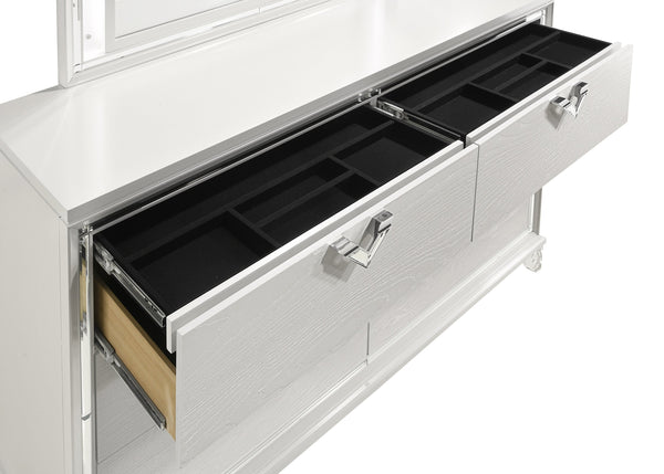 English Elm Modern 6-Drawer Dresser with Mirror Accent, V-Shape Handles, White Finish — Sleek Storage & Style B009133858