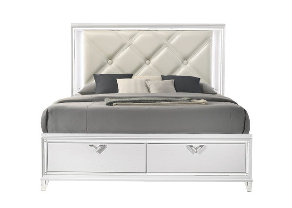 English Elm Modern King Bed with LED Headboard, Tufted Upholstery, V-Handle Drawers & Hidden Storage Elegance B009S01228