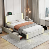 English Elm Queen Size Upholstered Platform Bed With Led Lights and Usb Charging, Storage Bed With 4 Drawers, White