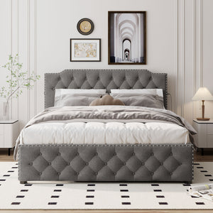 English Elm Queen Upholstered Platform Bed with Button-Tufted Headboard, Twin Trundle & Dual USB Ports, Linen Gray SF000042AAE