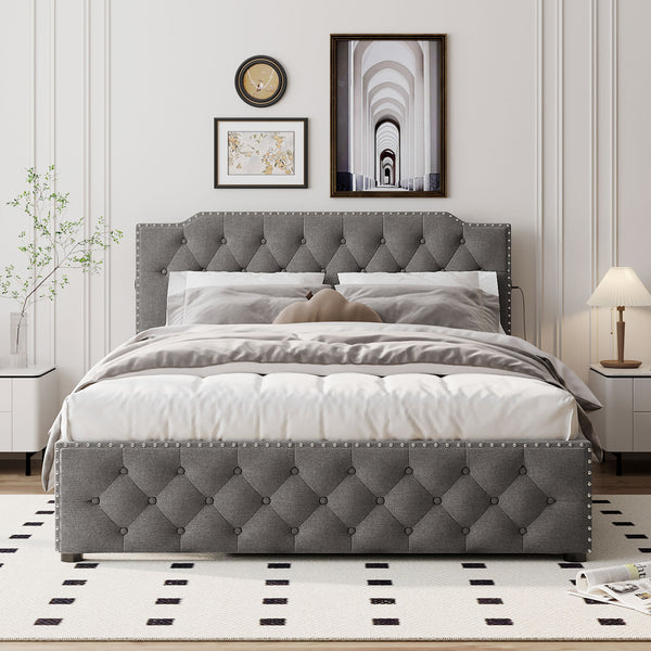 English Elm Queen Upholstered Platform Bed with Button-Tufted Headboard, Twin Trundle & Dual USB Ports, Linen Gray SF000042AAE