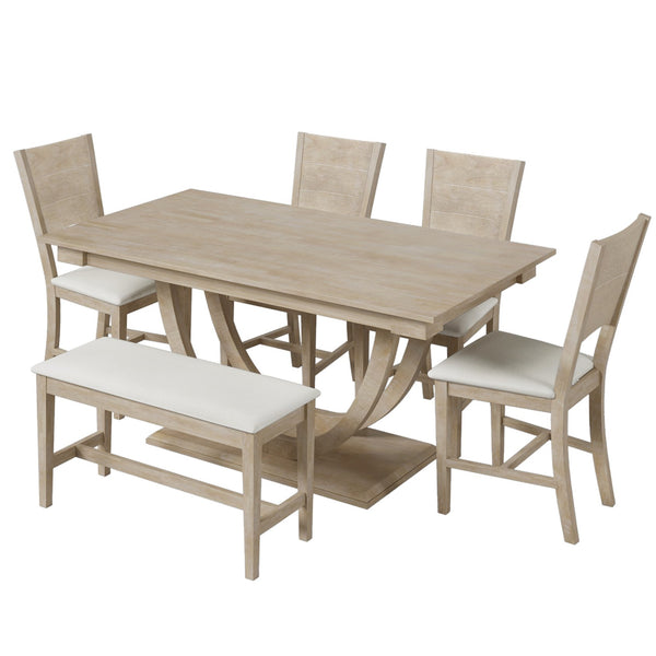 English Elm TOPMAX 6-Piece Solid Wood Dining Set with Half-Round Legs, Upholstered Bench & 4 Padded Chairs Natural Wood SP000029AAA