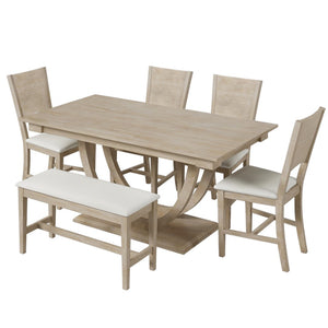 English Elm Topmax Six Piece Rubberwood Dining Set with Bench Linen Seats Sculptural Modern Style Seadrift N717S000029A