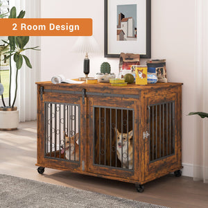 English Elm Sliding Sliding Door Dog Cage with Partition for Two Puppies Rustic Brown & Black, Dual-Furniture Crate 39.37" W sturdy tabletop storage, fits medium dogs up to 75 lb W1162103688