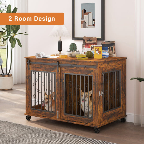 English Elm Sliding Sliding Door Dog Cage with Partition for Two Puppies Rustic Brown & Black, Dual-Furniture Crate 39.37" W sturdy tabletop storage, fits medium dogs up to 75 lb W1162103688