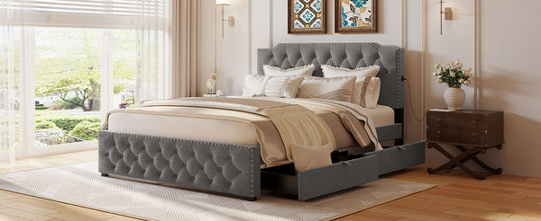 English Elm Queen Upholstered Platform Bed with Button-Tufted Headboard, 2 Storage Drawers & Dual USB Ports Gray SF000041AAE