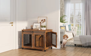 English Elm Sliding Sliding Door Dog Cage with Partition for Two Puppies Rustic Brown & Black, Dual-Furniture Crate 39.37" W sturdy tabletop storage, fits medium dogs up to 75 lb W1162103688