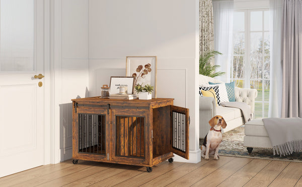 English Elm Sliding Sliding Door Dog Cage with Partition for Two Puppies Rustic Brown & Black, Dual-Furniture Crate 39.37" W sturdy tabletop storage, fits medium dogs up to 75 lb W1162103688