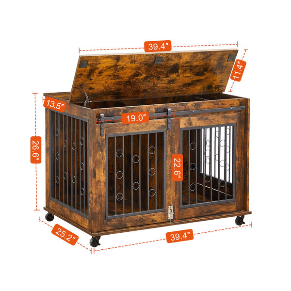 English Elm Sliding Sliding Door Dog Cage with Partition for Two Puppies Rustic Brown & Black, Dual-Furniture Crate 39.37" W sturdy tabletop storage, fits medium dogs up to 75 lb W1162103688