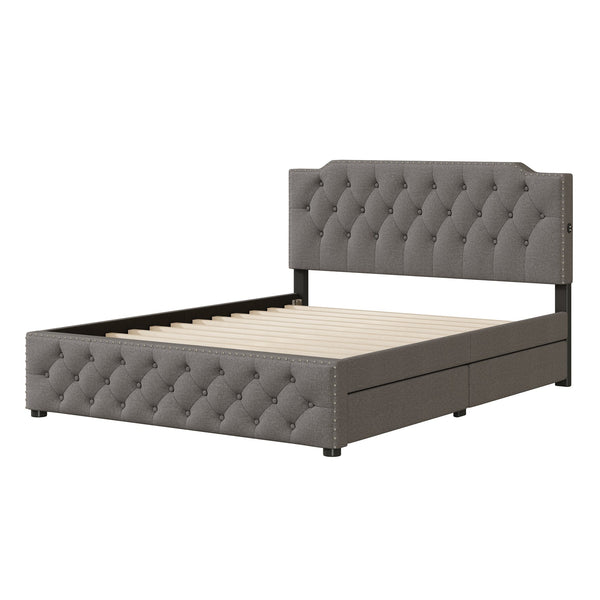 English Elm Queen Upholstered Platform Bed with Button-Tufted Headboard, 2 Storage Drawers & Dual USB Ports Gray SF000041AAE