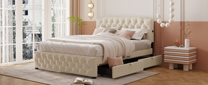 English Elm Queen Upholstered Platform Bed with Button-Tufted Headboard, 2 Storage Drawers & Dual USB Ports Beige SF000041AAA