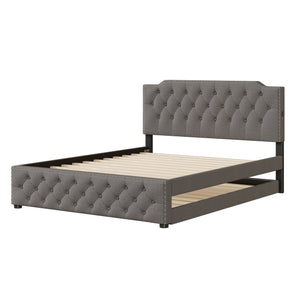 English Elm Queen Upholstered Platform Bed with Button-Tufted Headboard, Twin Trundle & Dual USB Ports, Linen Gray SF000042AAE