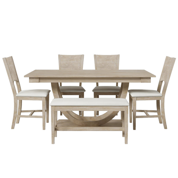 English Elm TOPMAX 6-Piece Solid Wood Dining Set with Half-Round Legs, Upholstered Bench & 4 Padded Chairs Natural Wood SP000029AAA