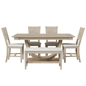 English Elm Topmax Six Piece Rubberwood Dining Set with Bench Linen Seats Sculptural Modern Style Seadrift N717S000029A