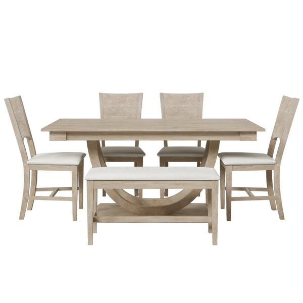 English Elm Topmax Six Piece Rubberwood Dining Set with Bench Linen Seats Sculptural Modern Style Seadrift N717S000029A