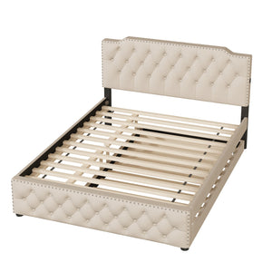 English Elm Queen Upholstered Platform Bed with Button-Tufted Headboard, Twin Trundle & Dual USB Ports, Linen Beige SF000042AAA