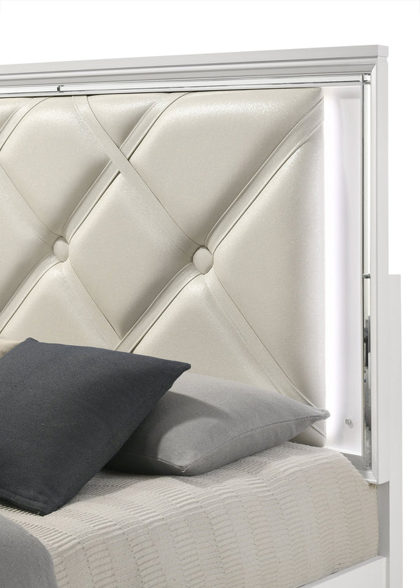 English Elm Modern King Bed with LED Headboard, Tufted Upholstery, V-Handle Drawers & Hidden Storage Elegance B009S01228