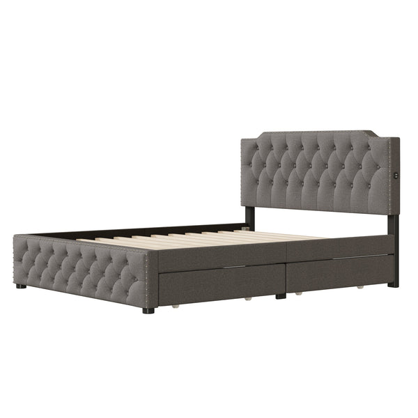 English Elm Queen Upholstered Platform Bed with Button-Tufted Headboard, 2 Storage Drawers & Dual USB Ports Gray SF000041AAE