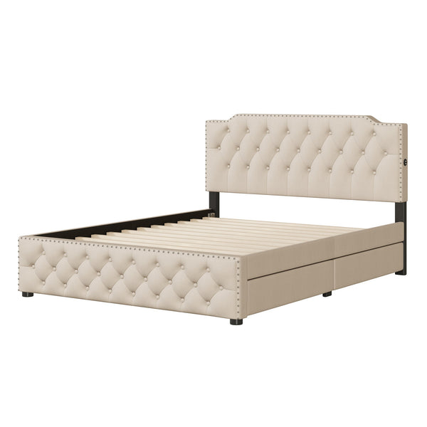 English Elm Queen Upholstered Platform Bed with Button-Tufted Headboard, 2 Storage Drawers & Dual USB Ports Beige SF000041AAA