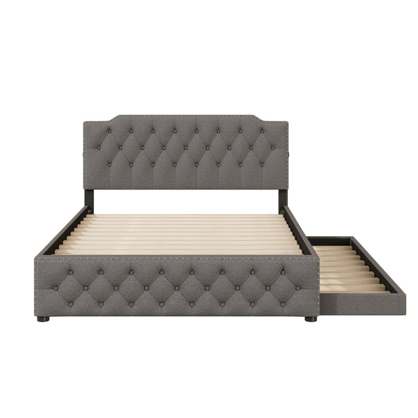 English Elm Queen Upholstered Platform Bed with Button-Tufted Headboard, Twin Trundle & Dual USB Ports, Linen Gray SF000042AAE