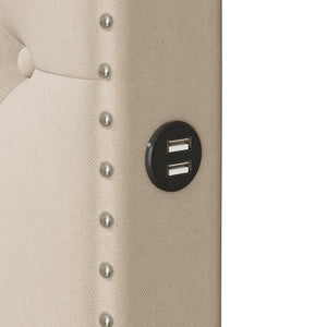 English Elm Queen Upholstered Platform Bed with Button-Tufted Headboard, Twin Trundle & Dual USB Ports, Linen Beige SF000042AAA