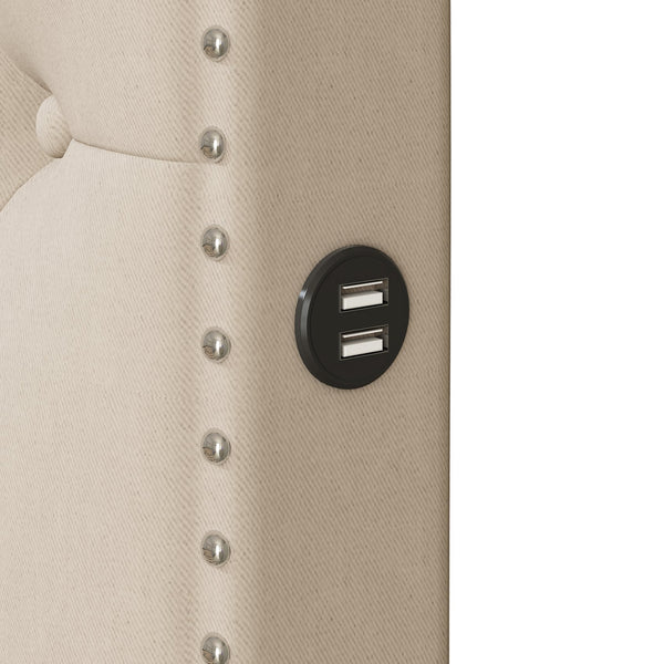 English Elm Queen Upholstered Platform Bed with Button-Tufted Headboard, Twin Trundle & Dual USB Ports, Linen Beige SF000042AAA