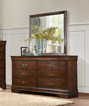 English Elm Traditional Mayville Dresser with Brown Cherry Okume Veneer, Antique Brass Handles, Classic Style Brown Mix 60.5 L x 18.5 W x 36 H B011134284