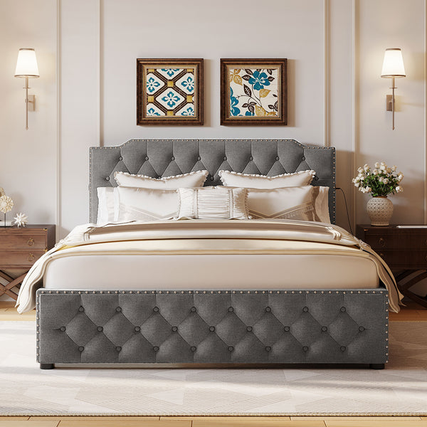 English Elm Queen Upholstered Platform Bed with Button-Tufted Headboard, 2 Storage Drawers & Dual USB Ports Gray SF000041AAE