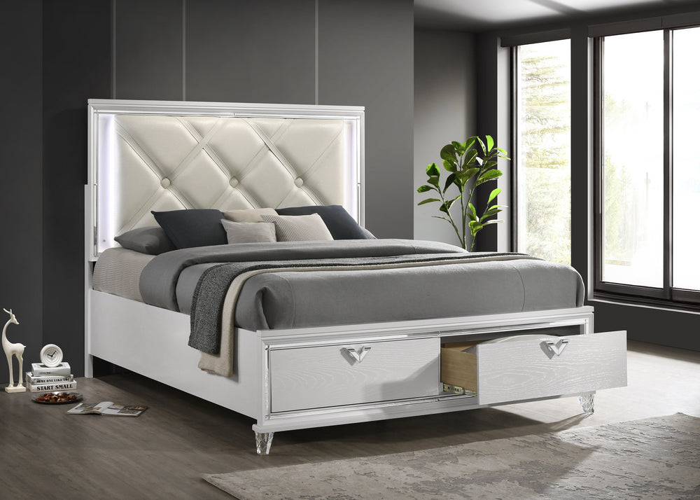 English Elm Modern King Bed with LED Headboard, Tufted Upholstery, V-Handle Drawers & Hidden Storage Elegance B009S01228
