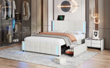 English Elm Queen Size Upholstered Platform Bed With Led Lights and Usb Charging, Storage Bed With 4 Drawers, White