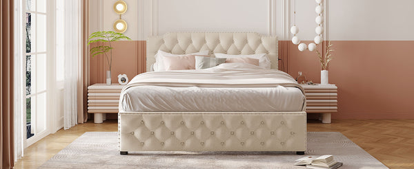 English Elm Queen Upholstered Platform Bed with Button-Tufted Headboard, 2 Storage Drawers & Dual USB Ports Beige SF000041AAA