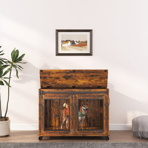 English Elm Sliding Sliding Door Dog Cage with Partition for Two Puppies Rustic Brown & Black, Dual-Furniture Crate 39.37" W sturdy tabletop storage, fits medium dogs up to 75 lb W1162103688