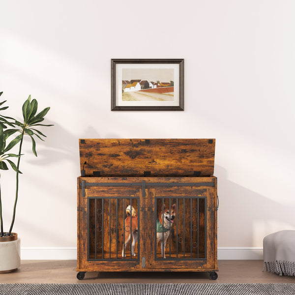 English Elm Sliding Sliding Door Dog Cage with Partition for Two Puppies Rustic Brown & Black, Dual-Furniture Crate 39.37" W sturdy tabletop storage, fits medium dogs up to 75 lb W1162103688