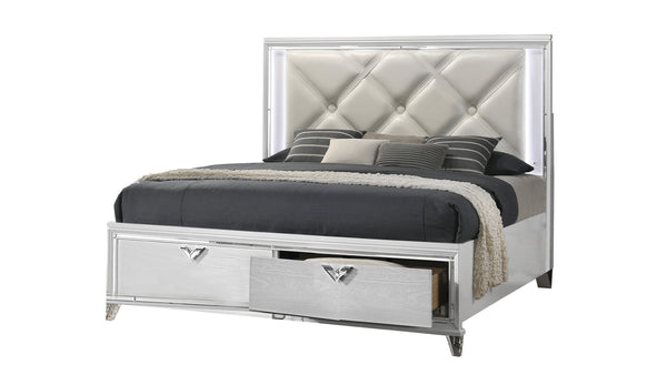 English Elm Modern King Bed with LED Headboard, Tufted Upholstery, V-Handle Drawers & Hidden Storage Elegance B009S01228
