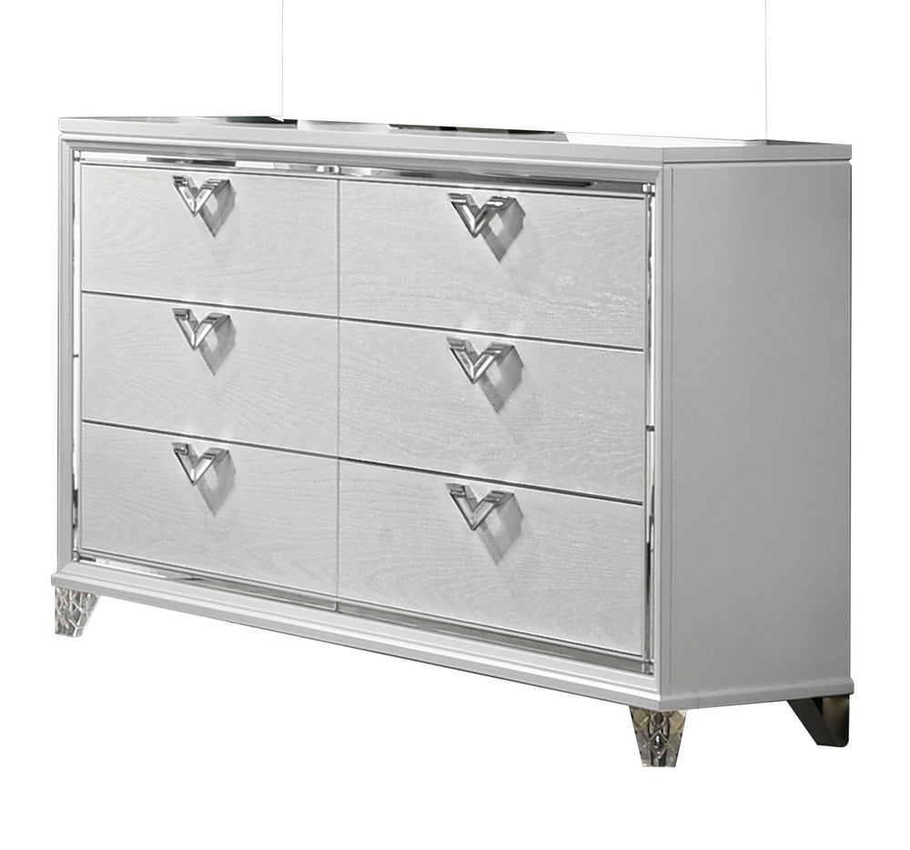 English Elm Modern 6-Drawer Dresser with Mirror Accent, V-Shape Handles, White Finish — Sleek Storage & Style B009133858