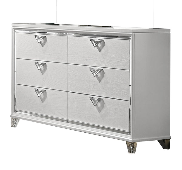 English Elm Modern 6-Drawer Dresser with Mirror Accent, V-Shape Handles, White Finish — Sleek Storage & Style B009133858