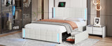 English Elm Queen Size Upholstered Platform Bed With Led Lights and Usb Charging, Storage Bed With 4 Drawers, White