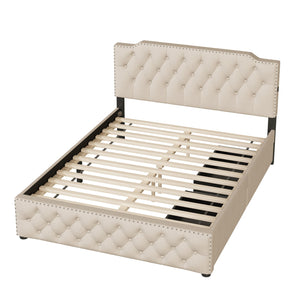 English Elm Queen Upholstered Platform Bed with Button-Tufted Headboard, 2 Storage Drawers & Dual USB Ports Beige SF000041AAA
