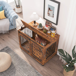 English Elm Sliding Sliding Door Dog Cage with Partition for Two Puppies Rustic Brown & Black, Dual-Furniture Crate 39.37" W sturdy tabletop storage, fits medium dogs up to 75 lb W1162103688