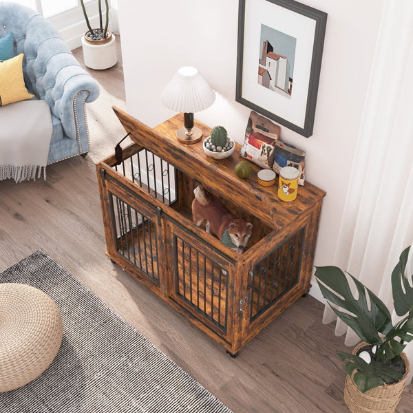 English Elm Sliding Sliding Door Dog Cage with Partition for Two Puppies Rustic Brown & Black, Dual-Furniture Crate 39.37" W sturdy tabletop storage, fits medium dogs up to 75 lb W1162103688