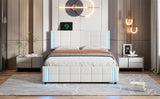 English Elm Queen Size Upholstered Platform Bed With Led Lights and Usb Charging, Storage Bed With 4 Drawers, White