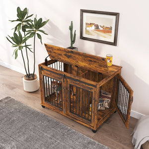 English Elm Sliding Sliding Door Dog Cage with Partition for Two Puppies Rustic Brown & Black, Dual-Furniture Crate 39.37" W sturdy tabletop storage, fits medium dogs up to 75 lb W1162103688