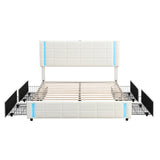 English Elm Queen Size Upholstered Platform Bed With Led Lights and Usb Charging, Storage Bed With 4 Drawers, White