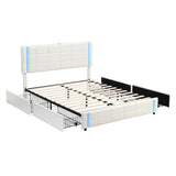 English Elm Queen Size Upholstered Platform Bed With Led Lights and Usb Charging, Storage Bed With 4 Drawers, White