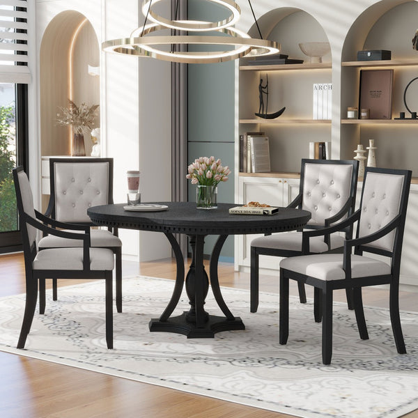 English Elm Trexm Retro Farmhouse Extendable Round Dining Set Oak Veneer Table with 4 Chairs ST000147AAB