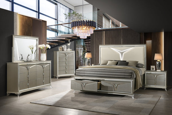 English Elm Modern King 5Pc Bedroom Set With Led Headboard, Stylish Wood Design & Ample Storage Solutions B009S01028